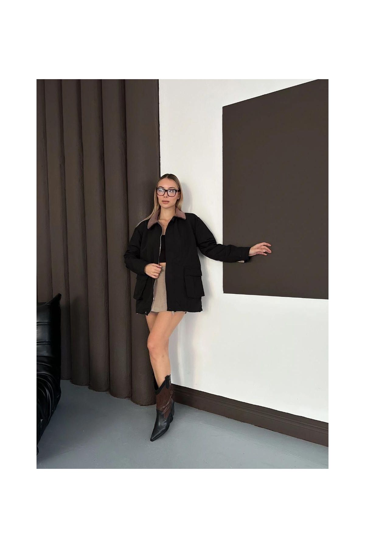 Astarlı yaka detaylı artos ceket siyah st2651019