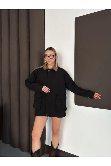 Astarlı yaka detaylı artos ceket siyah st2651019