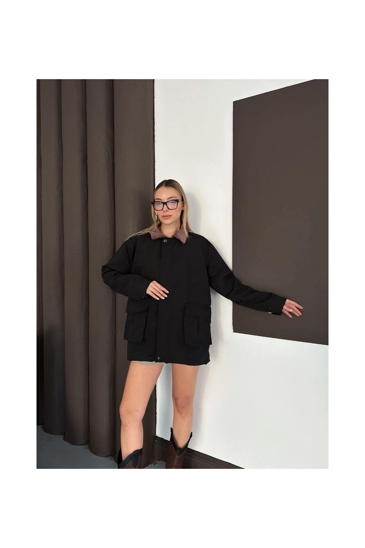 Astarlı yaka detaylı artos ceket siyah st2651019