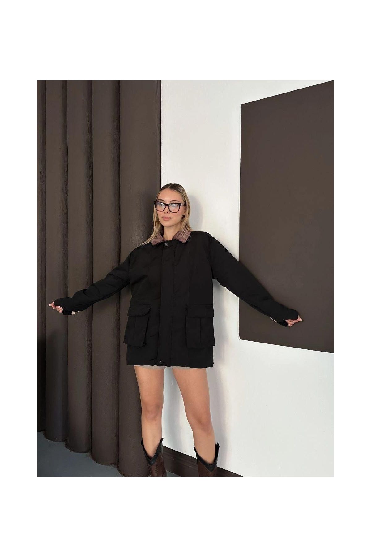 Astarlı yaka detaylı artos ceket siyah st2651019