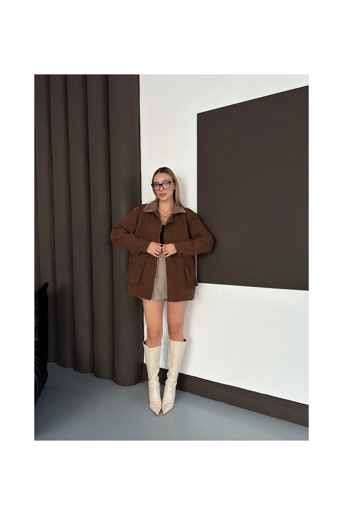 Astarlı yaka detaylı artos ceket kahve st2651019