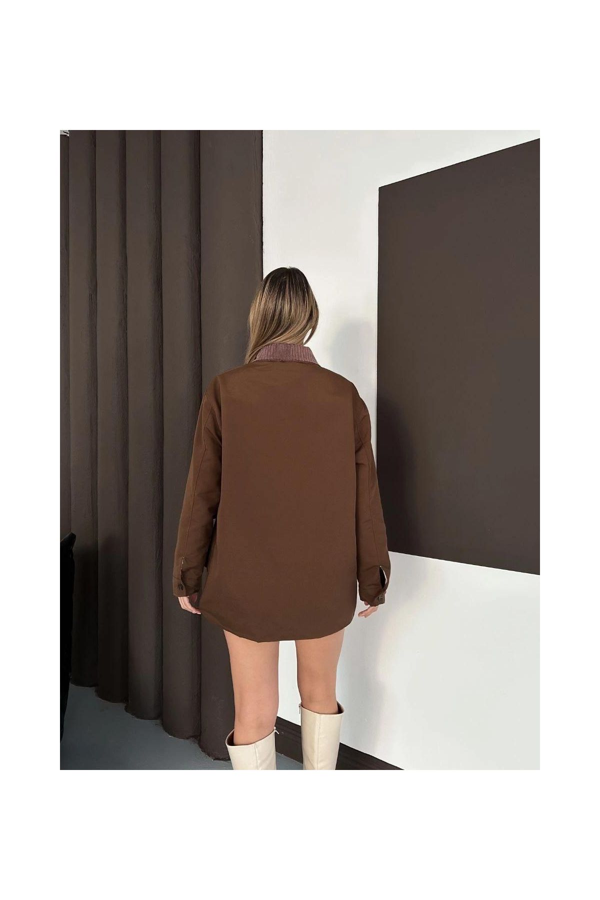 Astarlı yaka detaylı artos ceket kahve st2651019
