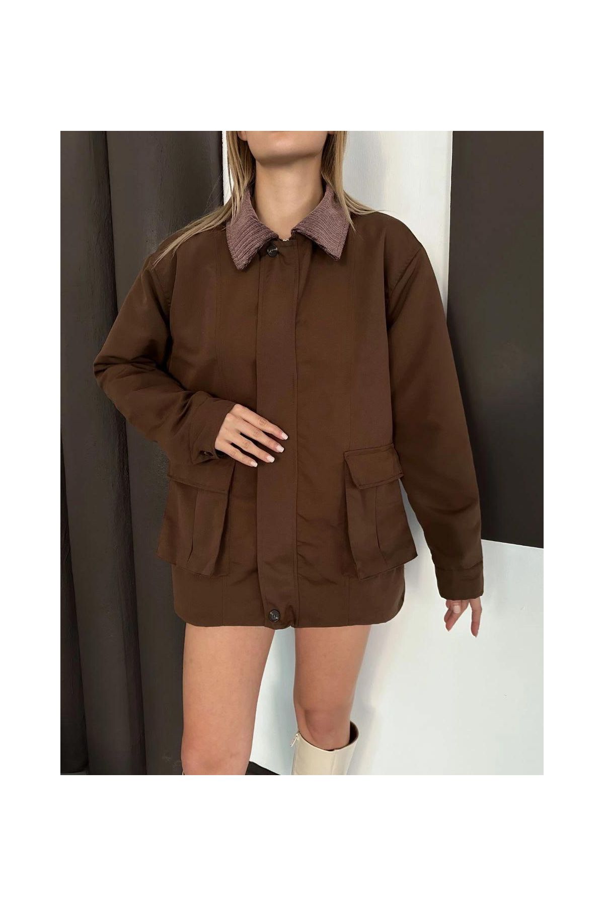 Astarlı yaka detaylı artos ceket kahve st2651019