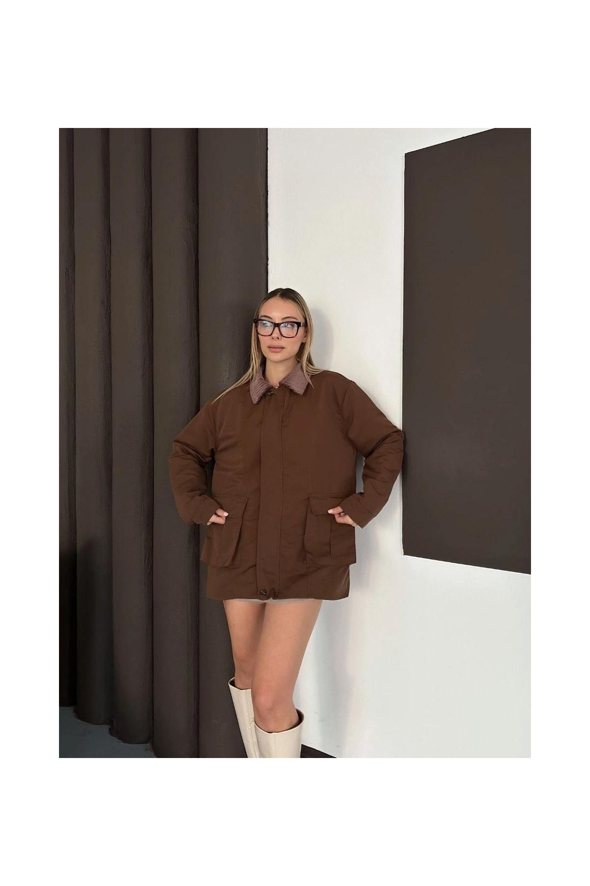 Astarlı yaka detaylı artos ceket kahve st2651019