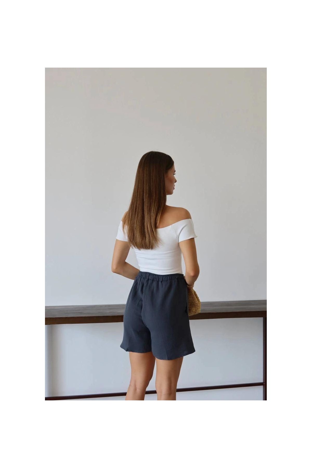 Müslin kumaş şort bağcıklı antrasit pt