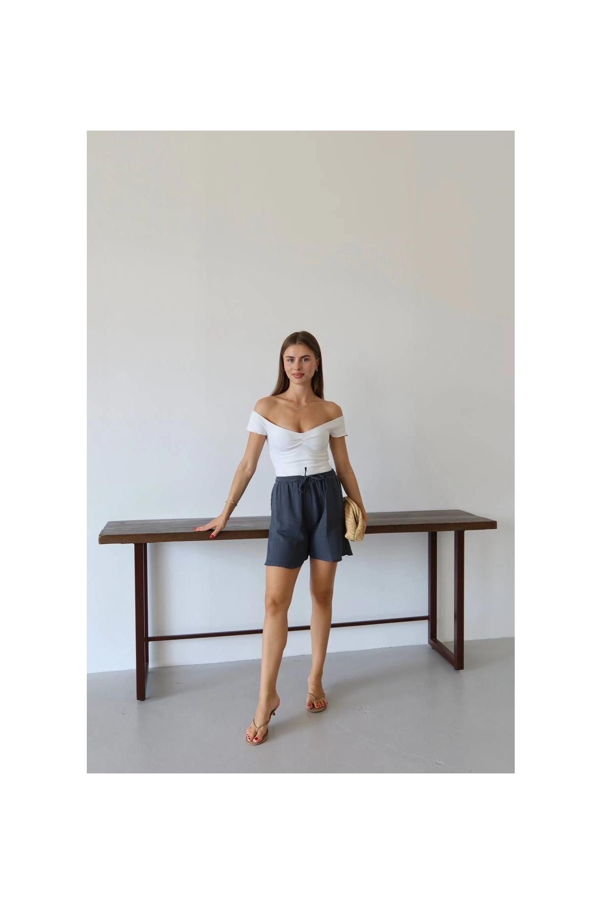 Müslin kumaş şort bağcıklı antrasit pt