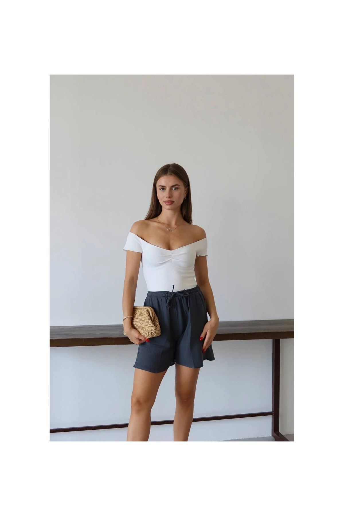 Müslin kumaş şort bağcıklı antrasit pt