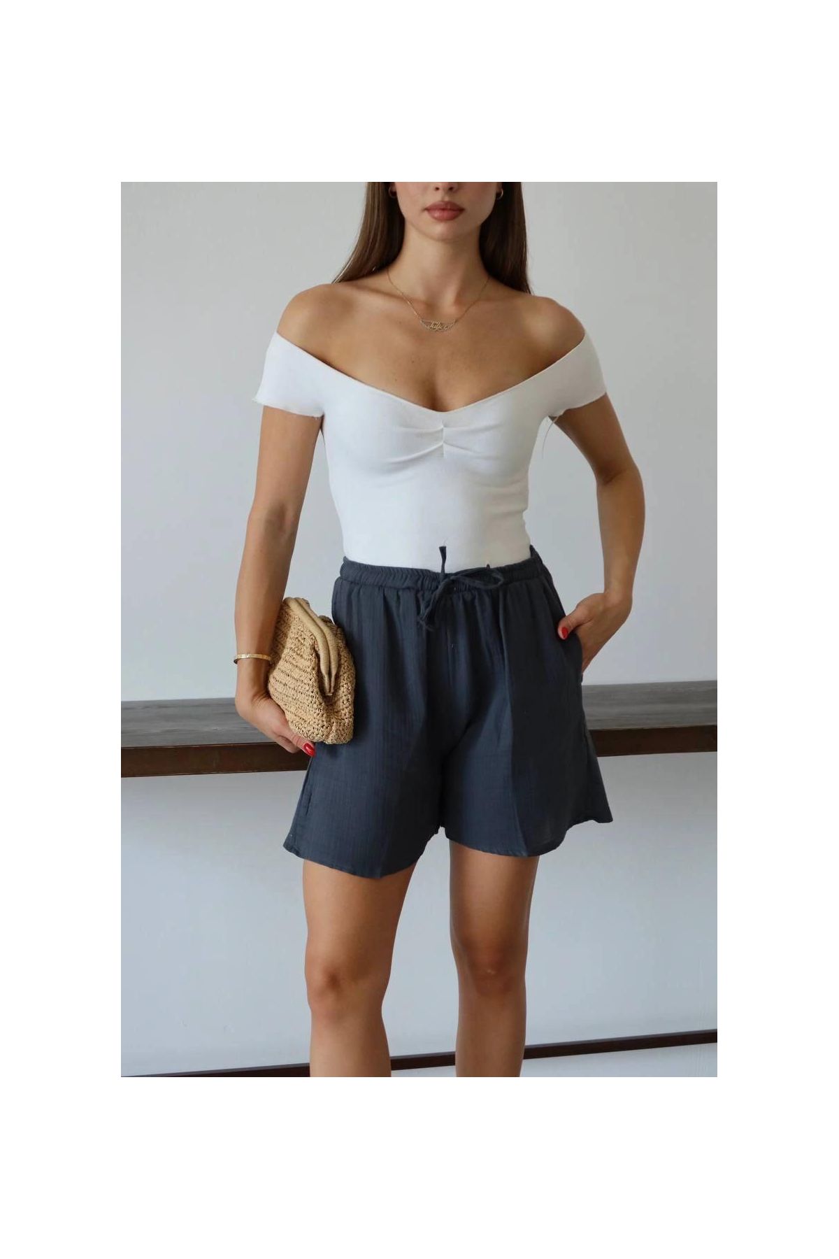 Müslin kumaş şort bağcıklı antrasit pt