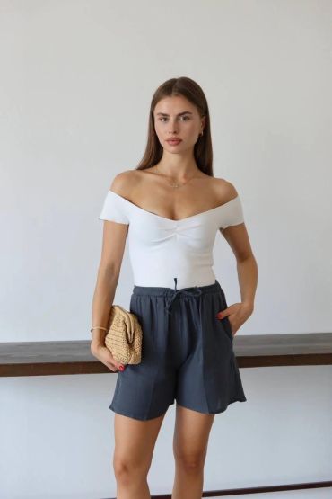 Müslin kumaş şort bağcıklı antrasit pt