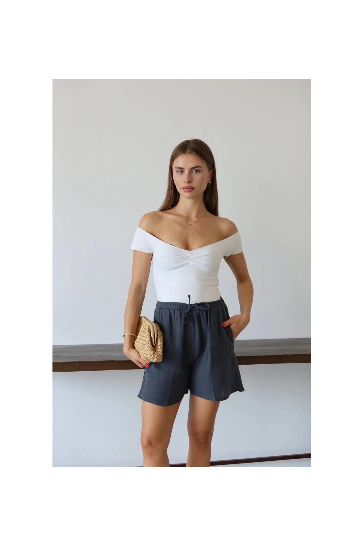 Müslin kumaş şort bağcıklı antrasit pt