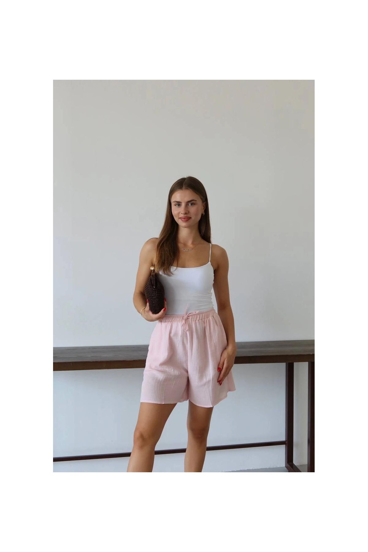 Müslin kumaş şort bağcıklı pembe pt