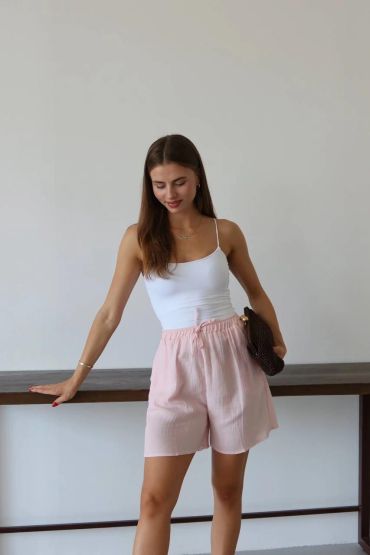 Müslin kumaş şort bağcıklı pembe pt