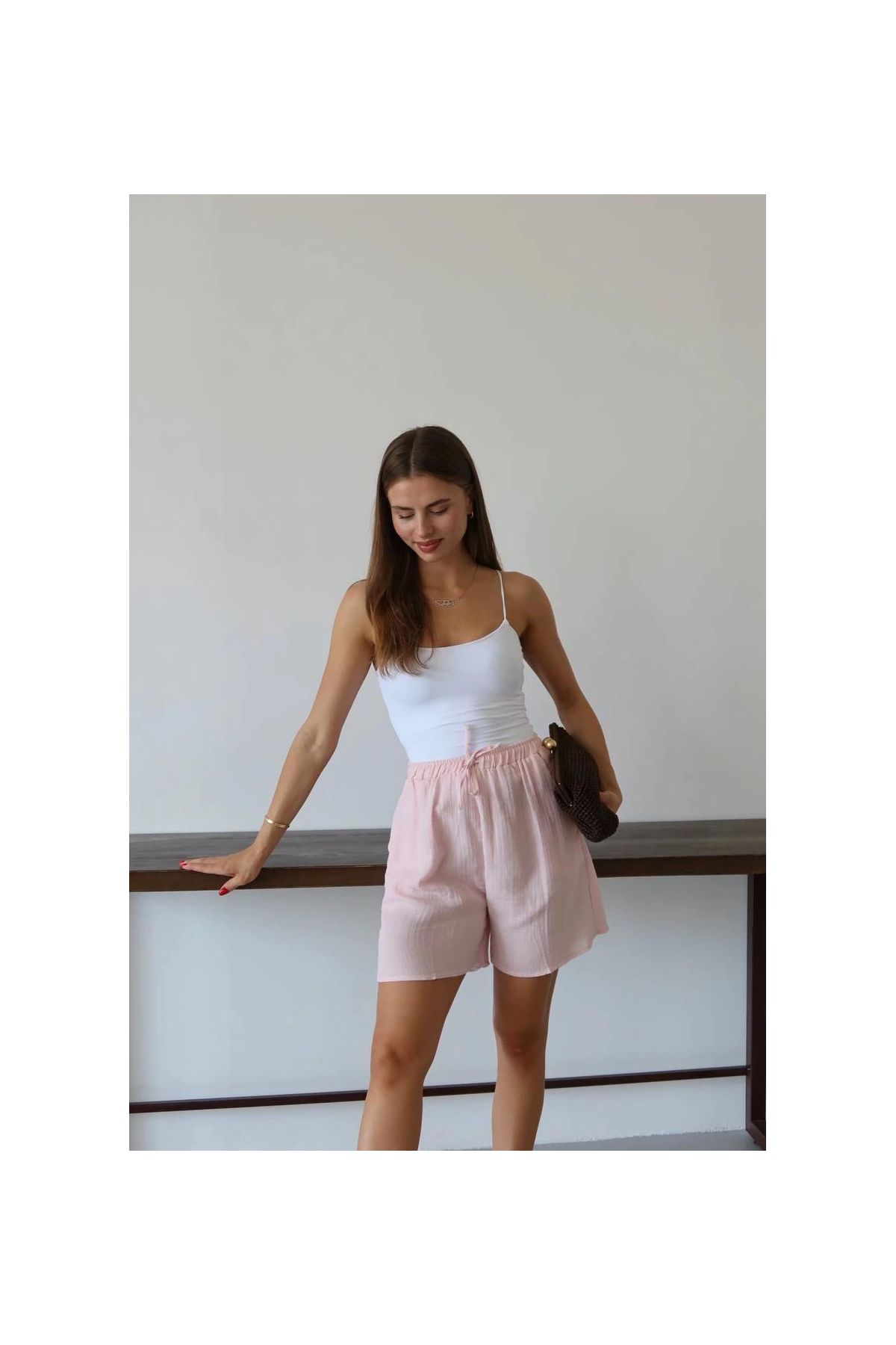 Müslin kumaş şort bağcıklı pembe pt