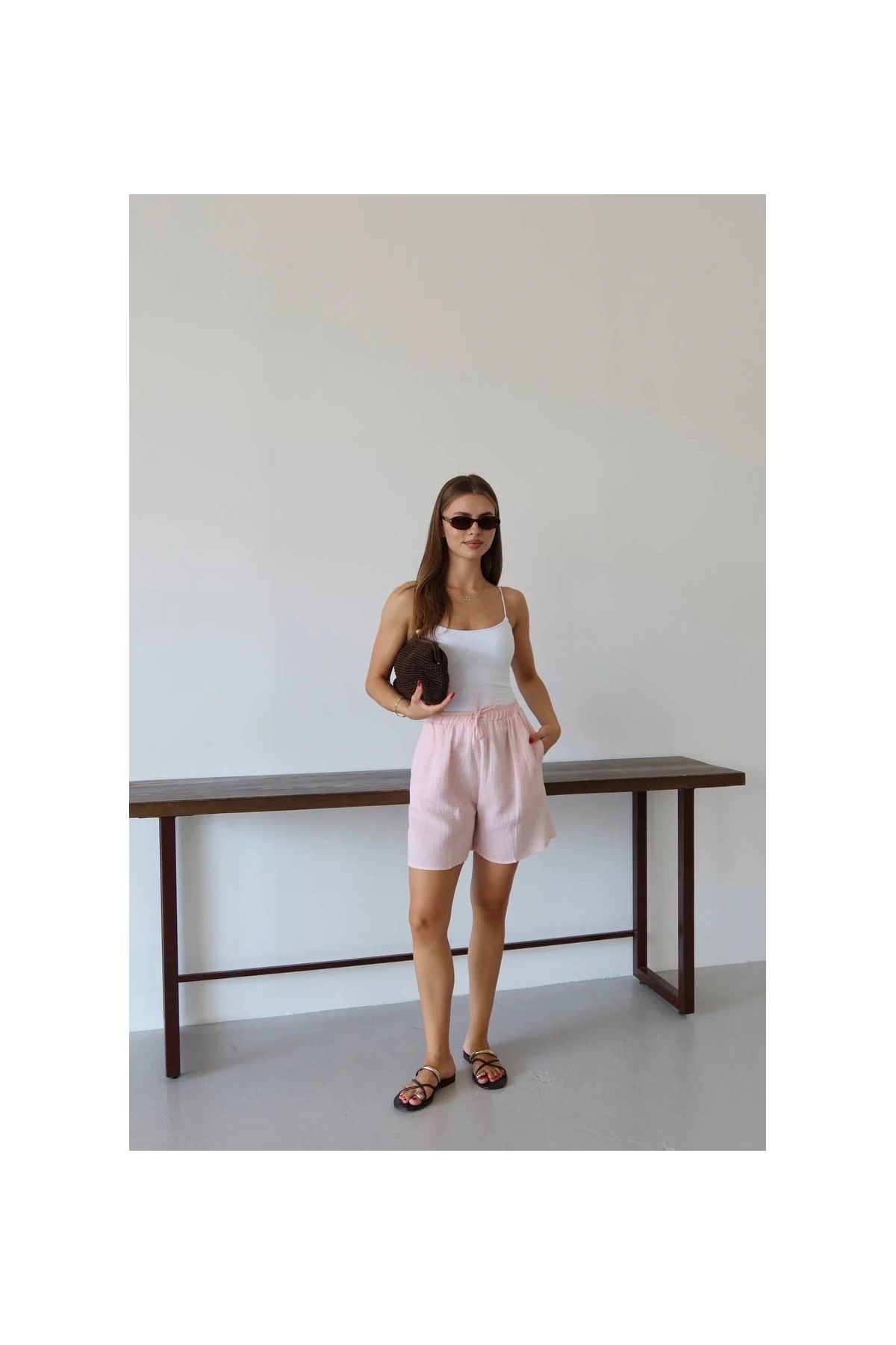 Müslin kumaş şort bağcıklı pembe pt