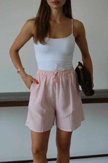 Müslin kumaş şort bağcıklı pembe pt
