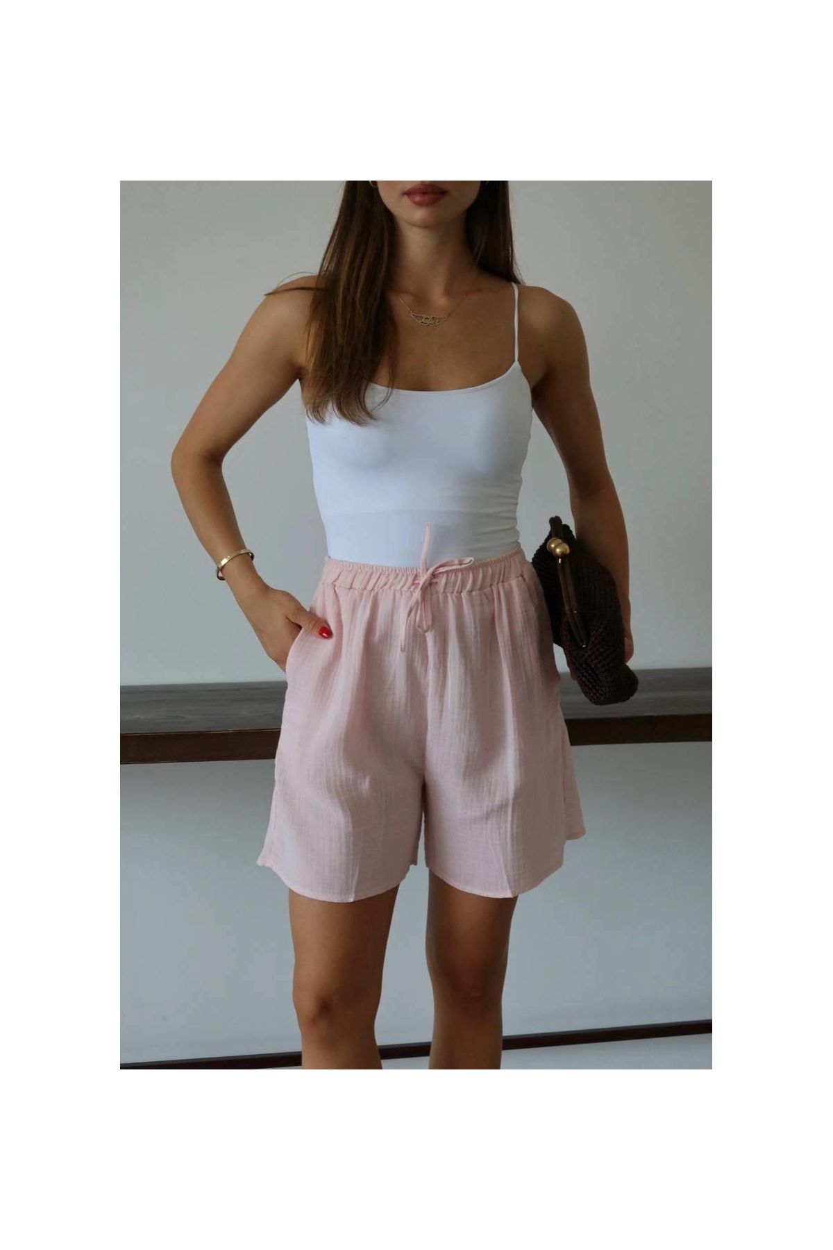 Müslin kumaş şort bağcıklı pembe pt