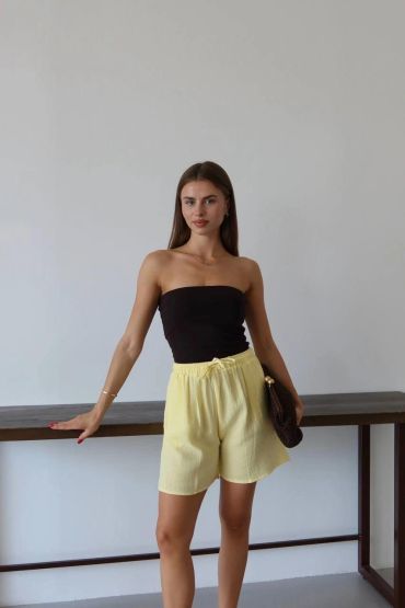 Müslin kumaş şort bağcıklı sarı pt