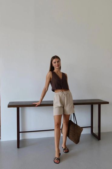 Müslin kumaş şort bağcıklı bej pt