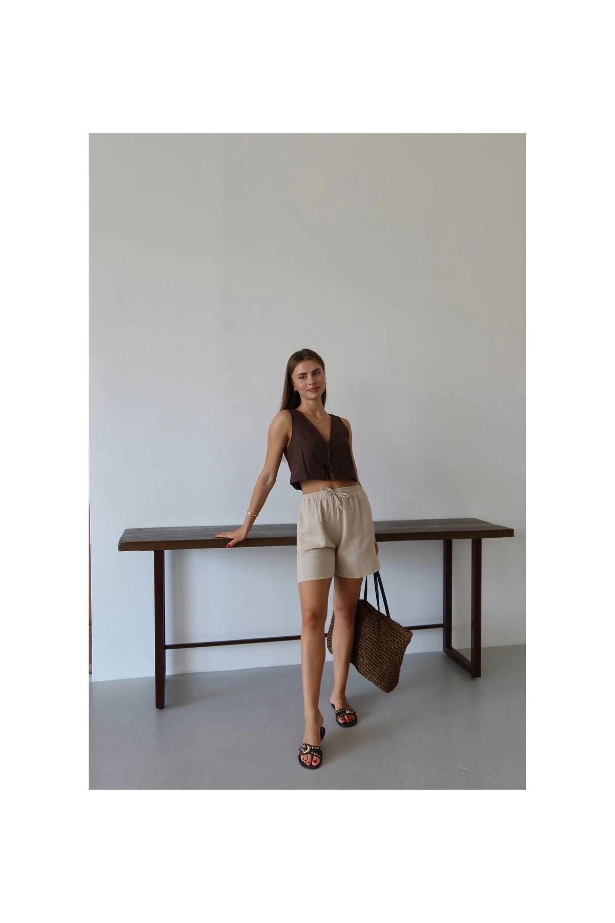 Müslin kumaş şort bağcıklı bej pt