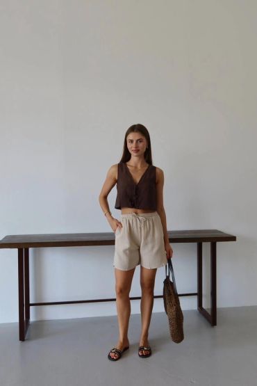 Müslin kumaş şort bağcıklı bej pt