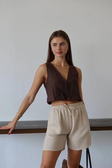 Müslin kumaş şort bağcıklı bej pt