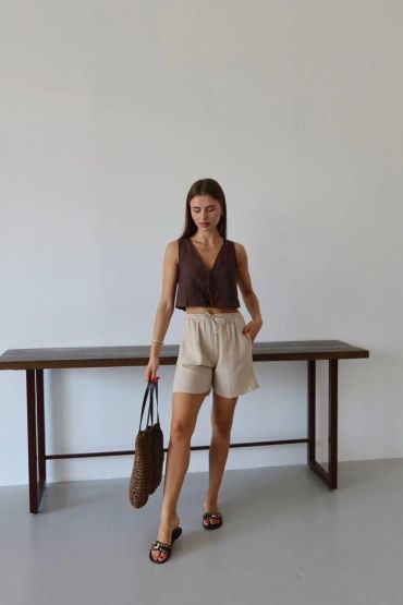 Müslin kumaş şort bağcıklı bej pt