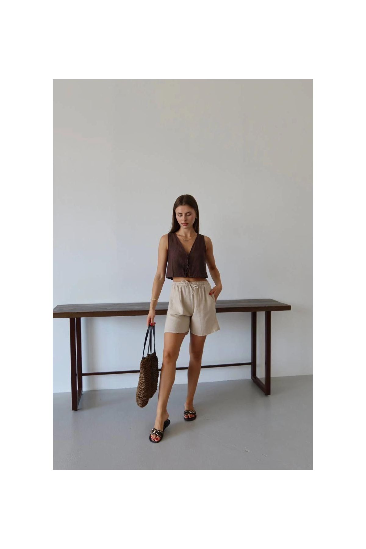 Müslin kumaş şort bağcıklı bej pt