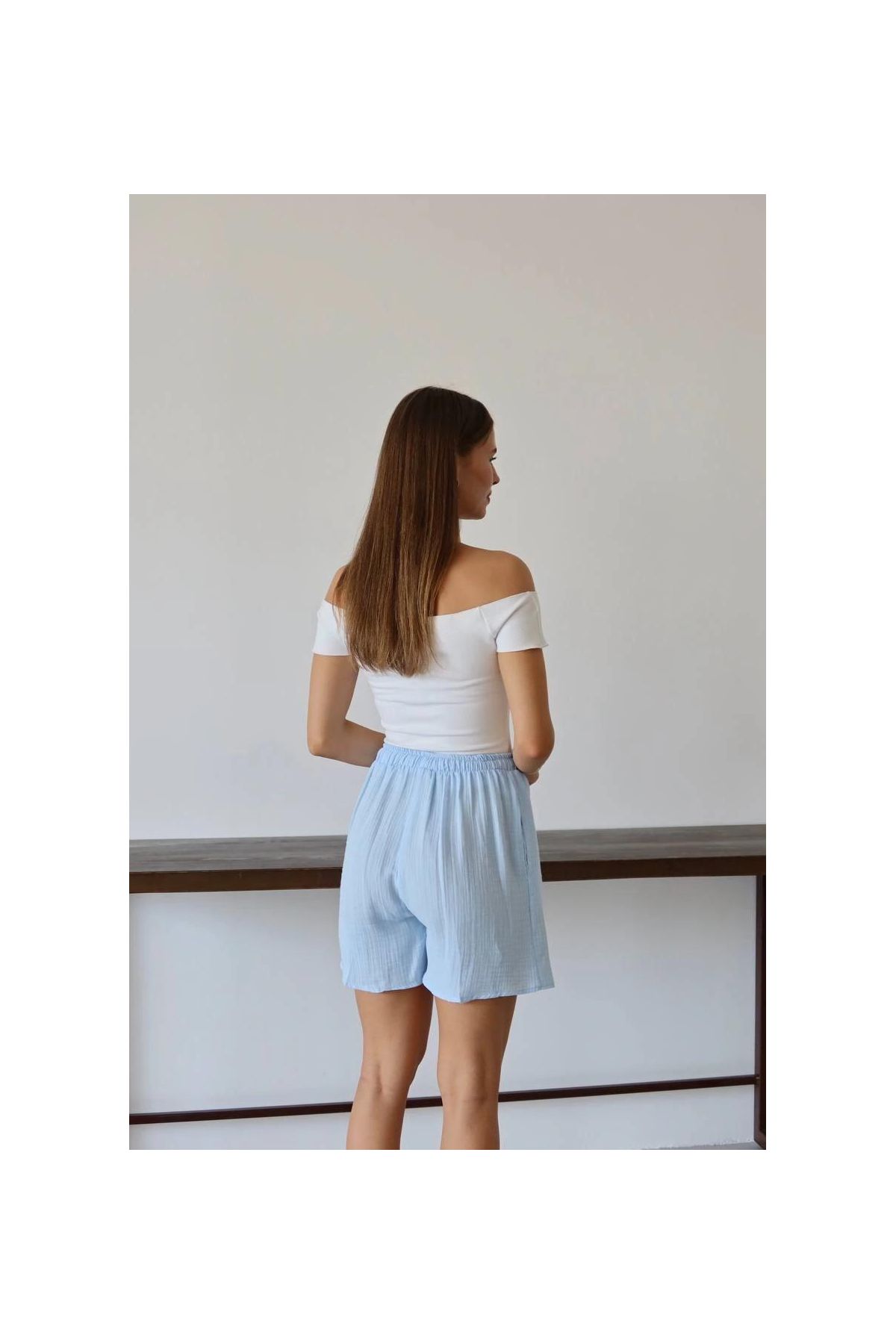 Müslin kumaş şort bağcıklı mavi pt