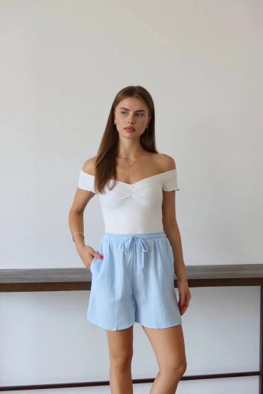 Müslin kumaş şort bağcıklı mavi pt
