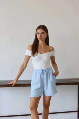 Müslin kumaş şort bağcıklı mavi pt