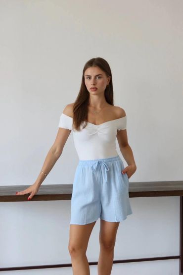 Müslin kumaş şort bağcıklı mavi pt