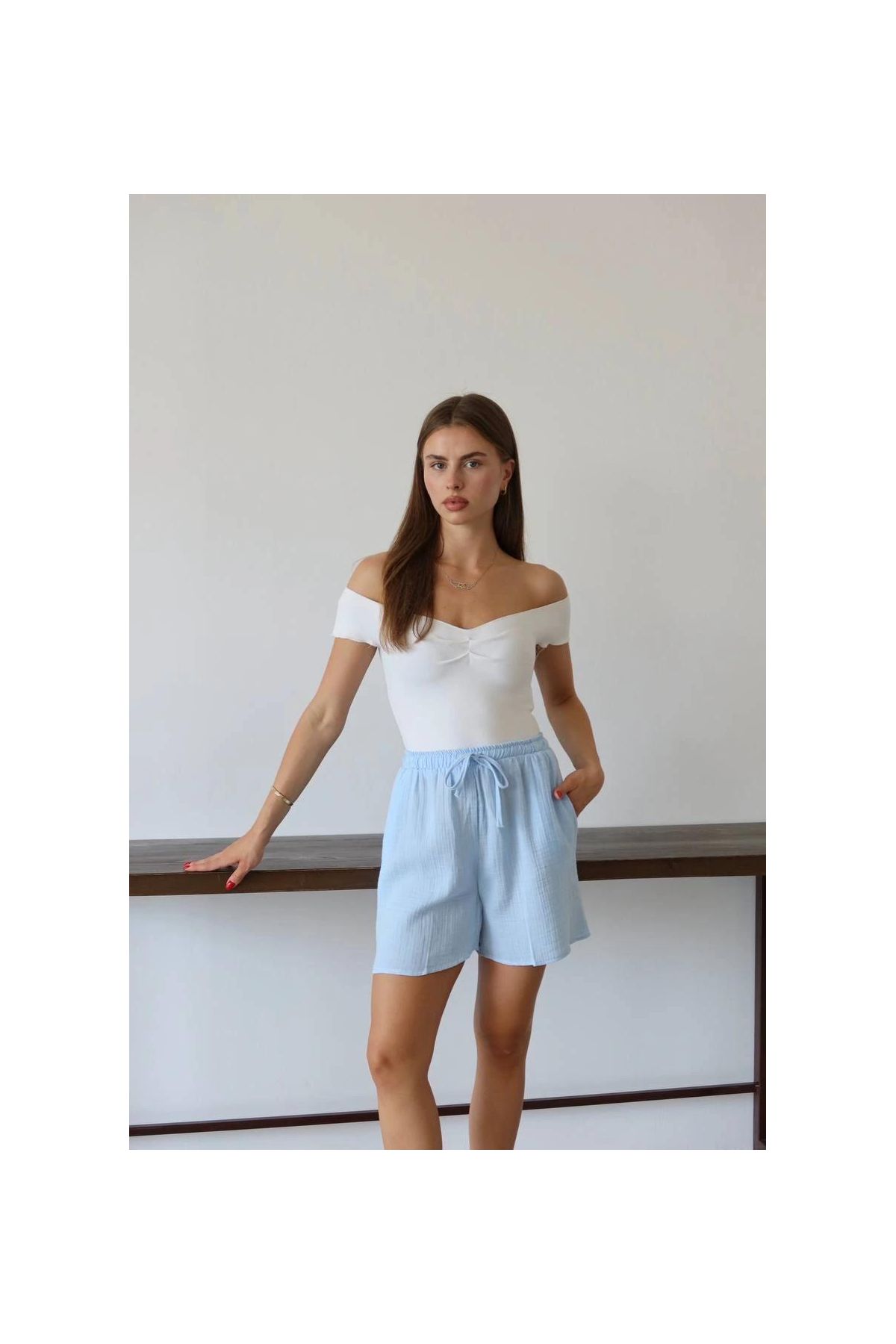 Müslin kumaş şort bağcıklı mavi pt