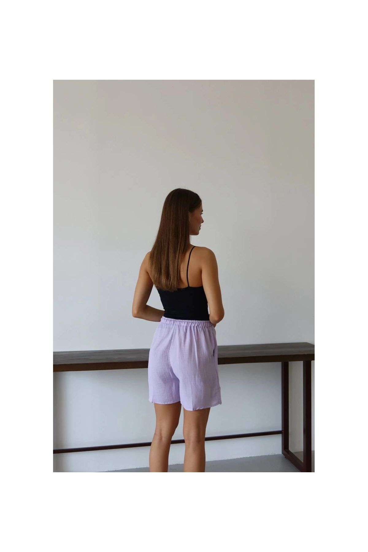 Müslin kumaş şort bağcıklı lila pt