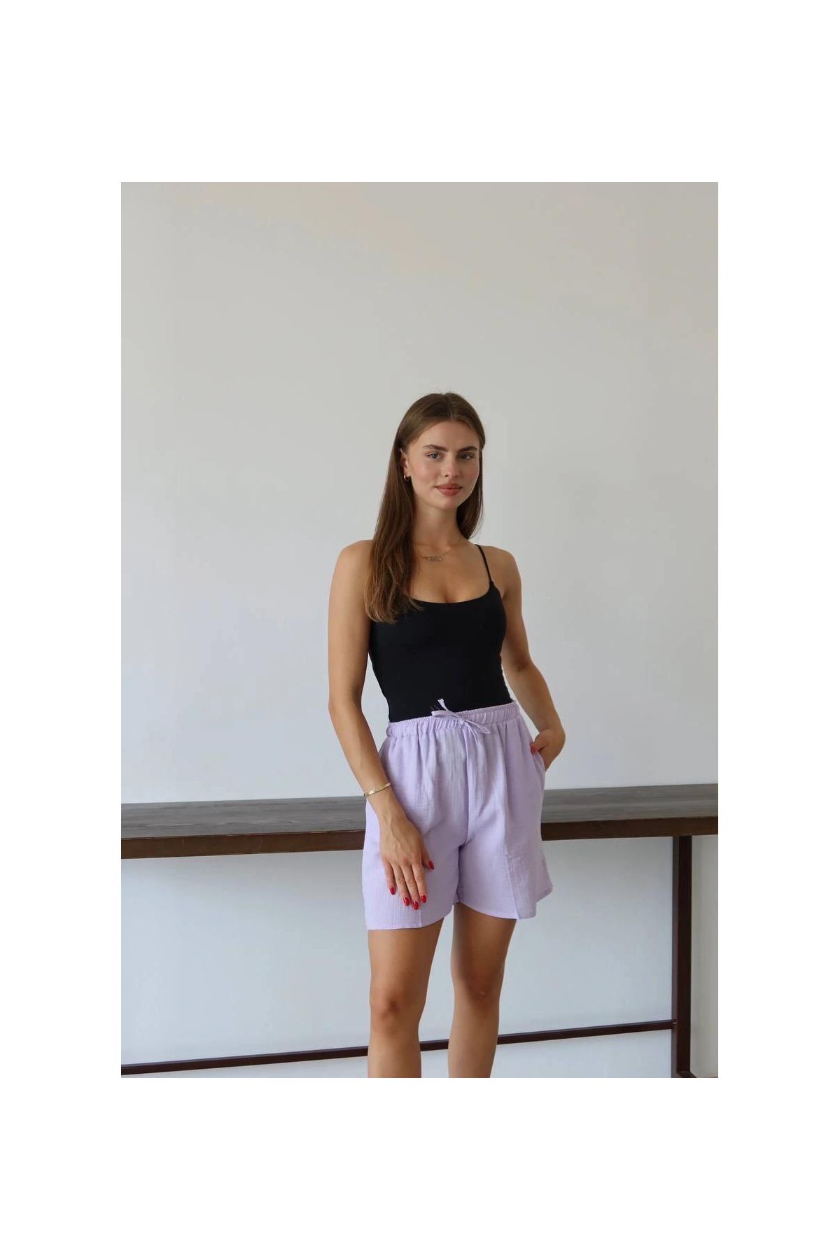 Müslin kumaş şort bağcıklı lila pt