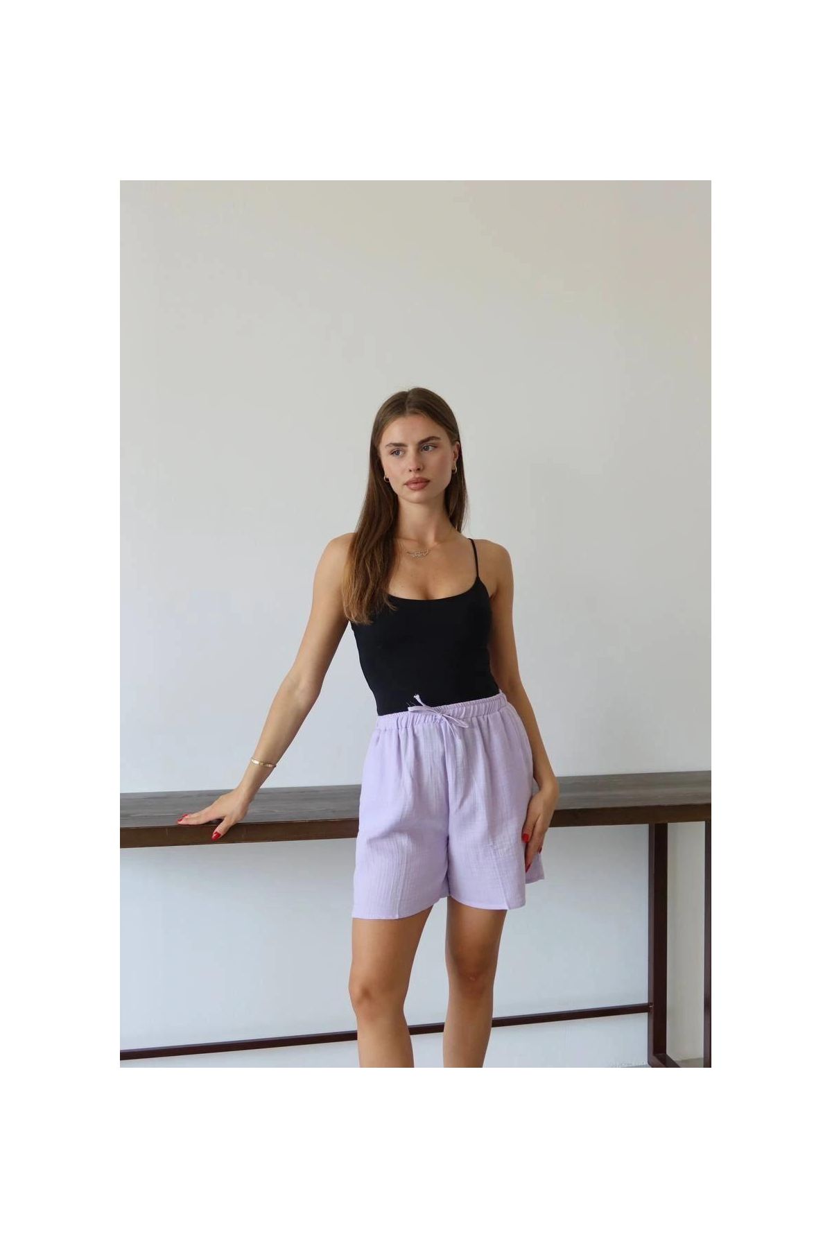 Müslin kumaş şort bağcıklı lila pt