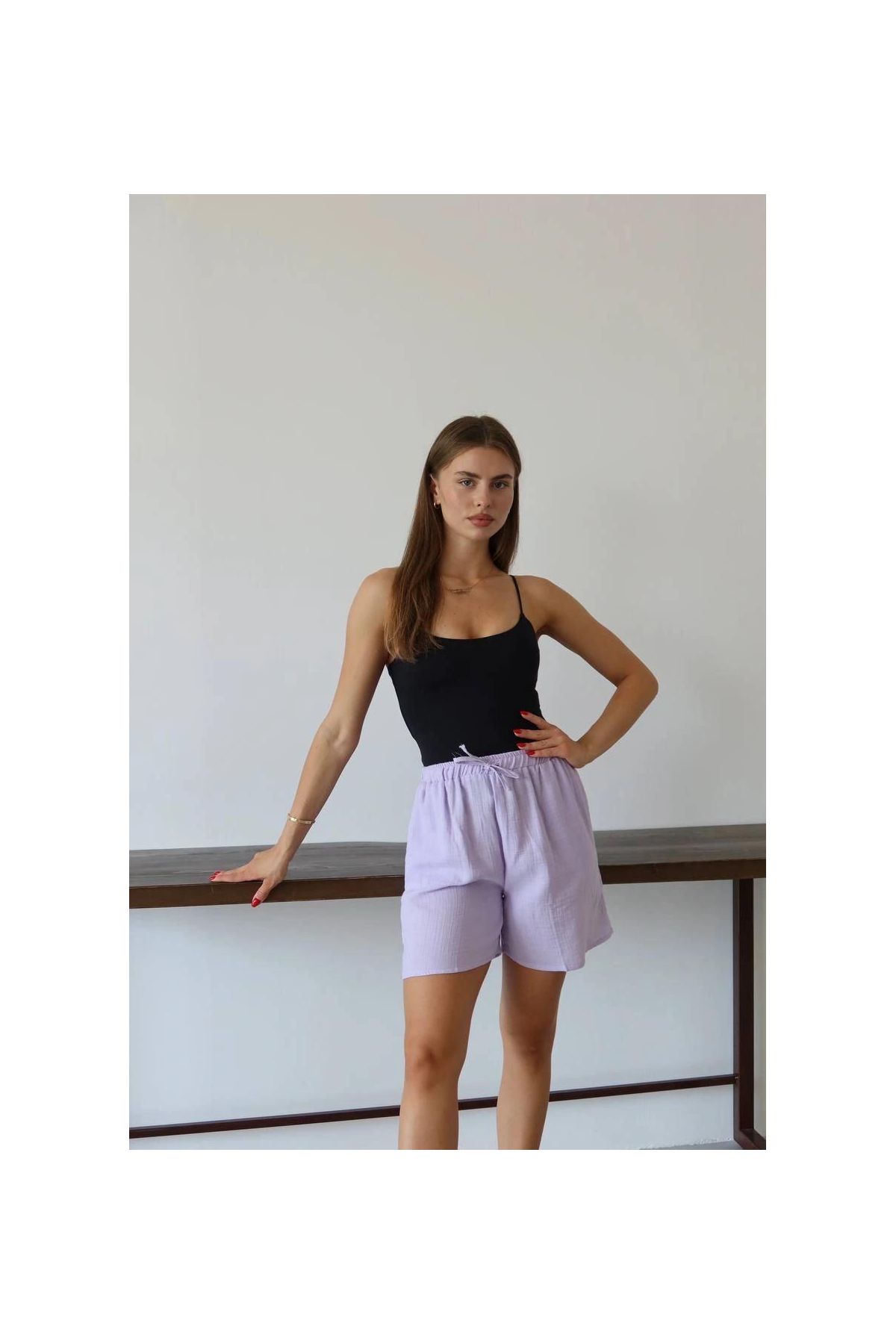 Müslin kumaş şort bağcıklı lila pt