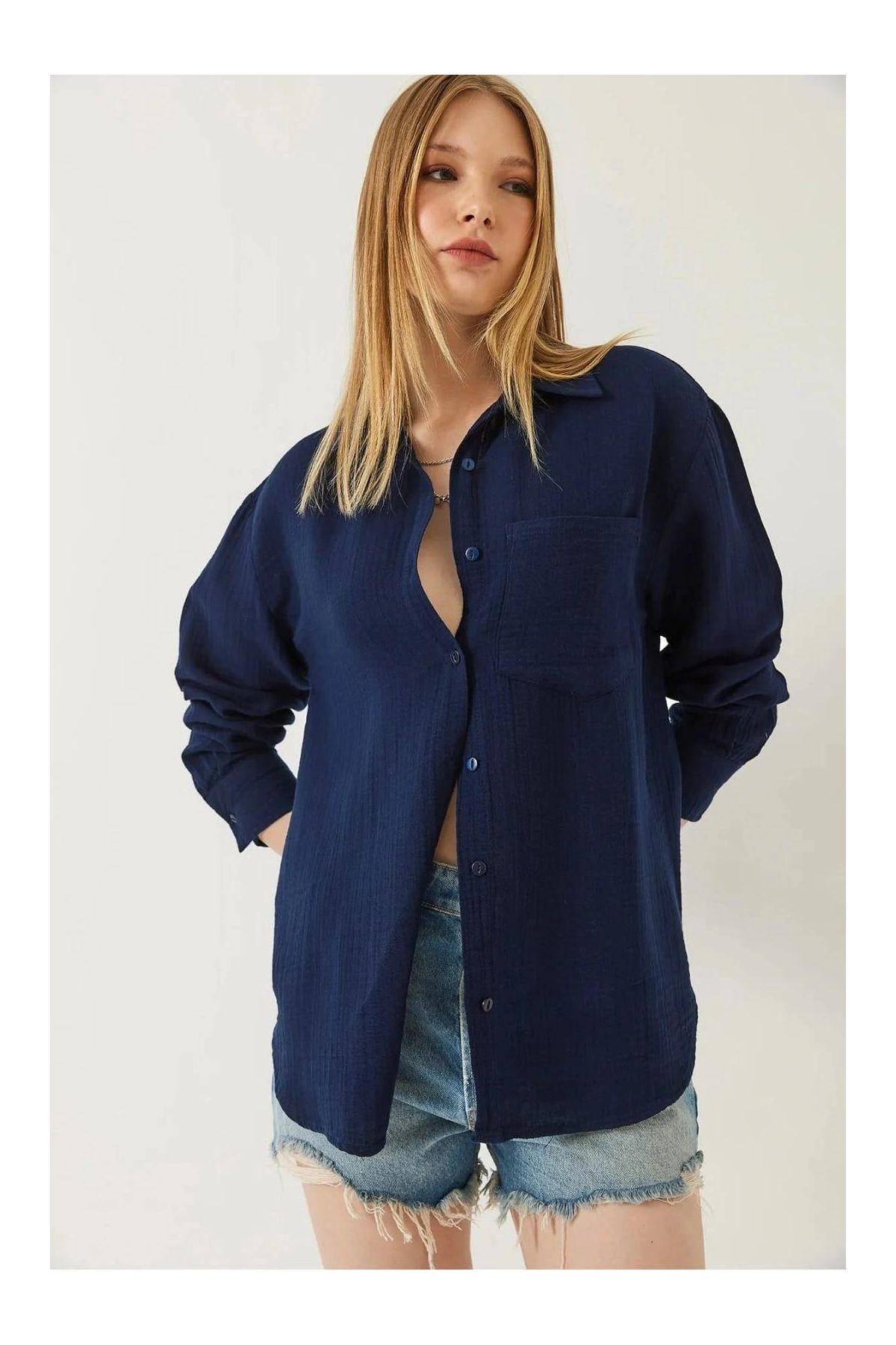 Tek cepli müslin gömlek lacivert pt