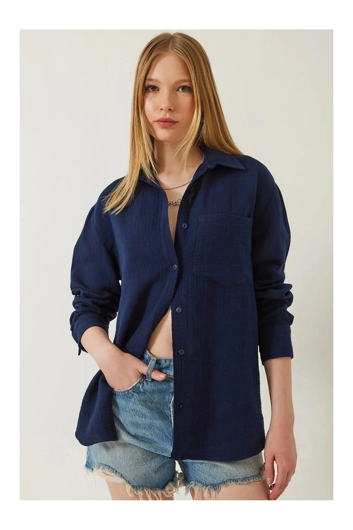 Tek cepli müslin gömlek lacivert pt