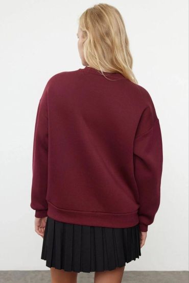 3 iplik şardonlu bisiklet yaka sweatshirt bordo