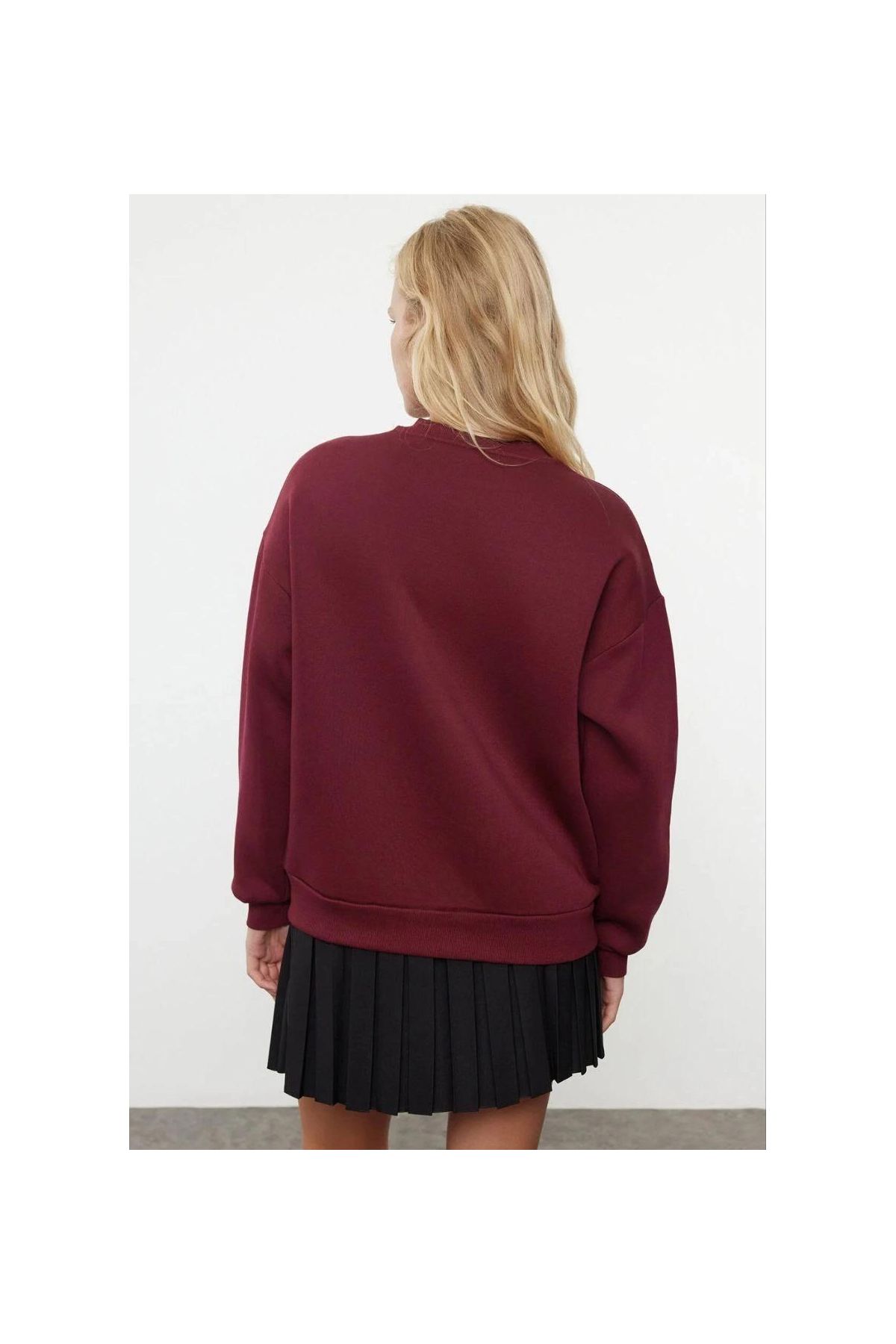 3 iplik şardonlu bisiklet yaka sweatshirt bordo