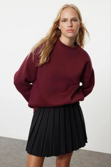 3 iplik şardonlu bisiklet yaka sweatshirt bordo