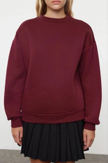 3 iplik şardonlu bisiklet yaka sweatshirt bordo
