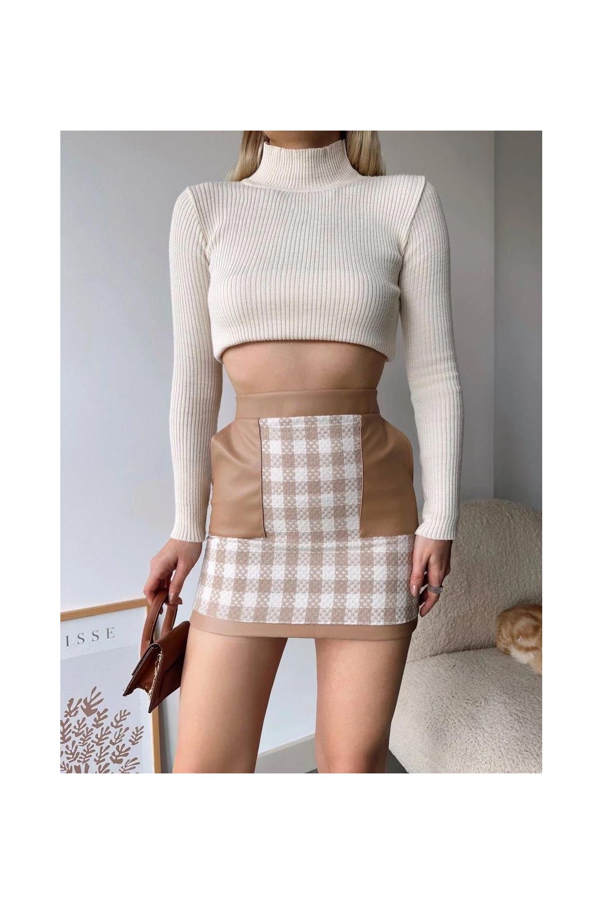 Deri cep garnili kaşe etek bej h24604