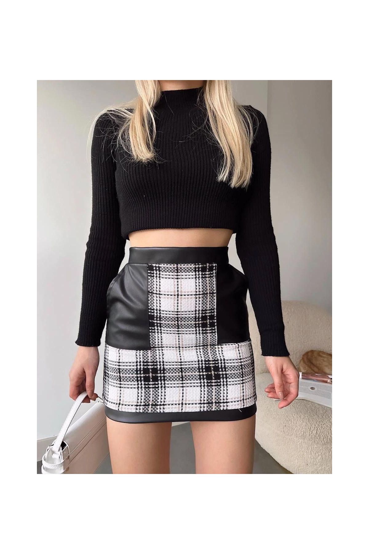 Deri cep garnili kaşe etek siyah h24604