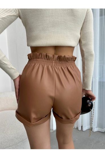 Beli lastikli deri şort kahve H24605