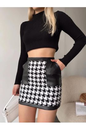 Deri garnili kaz ayağı kaşe etek siyah h24604