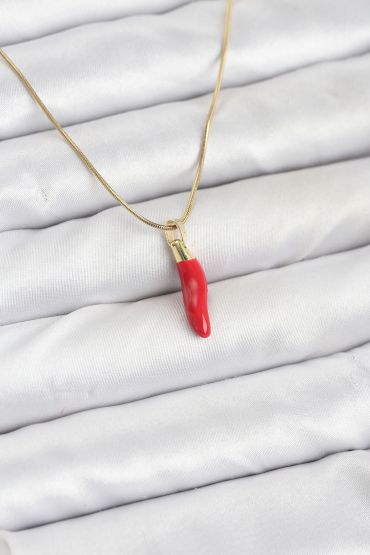 316L Çelik Gold Renk Kapya Kırmızı Biber Model Kadın Kolye - TJ-BKO10810