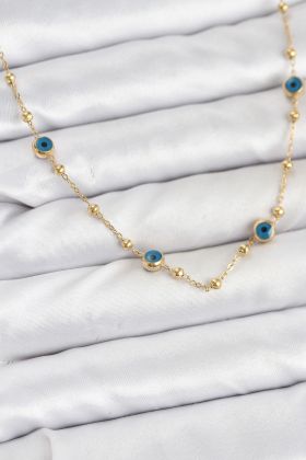 316L Çelik Gold Renk Nazarlı ve Topçuklu Model Kadın Kolye - TJ-BKO10814