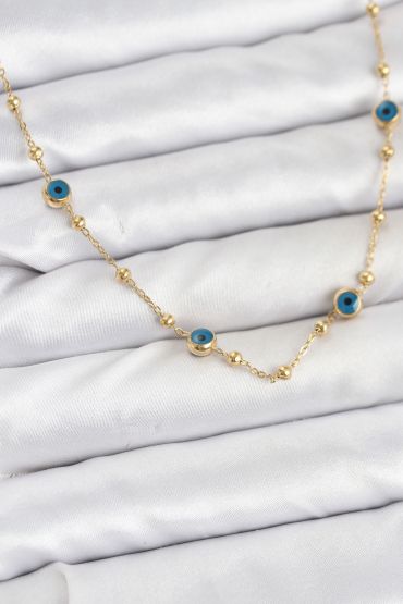 316L Çelik Gold Renk Nazarlı ve Topçuklu Model Kadın Kolye - TJ-BKO10814