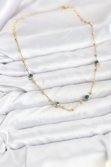 316L Çelik Gold Renk Nazarlı ve Topçuklu Model Kadın Kolye - TJ-BKO10814